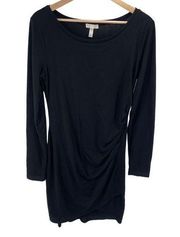 Leith Womens Long Sleeve Dress Ruched Round Neck Cotton Blend Mini Black Large