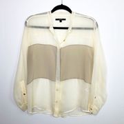 NAVEN sheer button down color block silk blouse