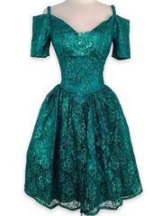 Vintage Gunne Sax Jessica McClintock fit & flare emerald green lace prom dress