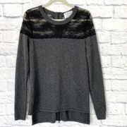 Robert Rodriguez Neiman Marcus gray cashmere black lace hi low back zip sweater