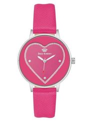 NWT Juicy Couture Silver & Pink Leather Band Rhinestone Heart Watch