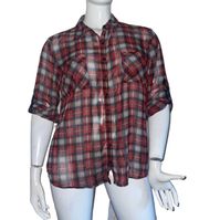 Sheer Plaid Roll tab Sleeve Buttoned Shirt