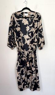 Maison Du Soir Anthropologie Black Floral Belted Lightweight Kimono ~ Size L/XL