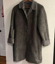 LANDS’ END Women’s Dark Gray Faux Suede Fleece Lined Button Down Long Coat