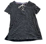 Tommy Hilfiger Shirt Womens Small Black White Stripe Short Sleeve Lace-Up Cotton