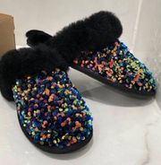 multi-sparkle fur slip ons