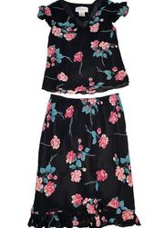 Evan Picone Women’s Black Pink Floral Flowy Two Piece Set Blouse Ruffle Skirt  8