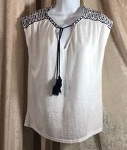 Falls Creek White & Navy Boho Sleeveless Top Medium