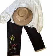 Black High Waisted Vintage Designer Embroidered Tropical Flamingo Capri Pants