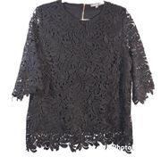 Kate & Mallory Black Knit & Lace 3/4 Sleeve Uneven Hem Zip Back Top Size L