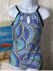 Tankini Top Keyhole Cutout Blue Paisley Medallion