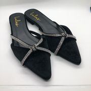 Lulus Hoovery Black Velvet Rhinestone Pointed-Toe Mule Slides Size 7.5