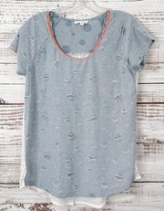 Hem & Thread Women's Distressed Color Block Short Sleeve Shirt Blue White Small