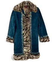 Margaret Godfrey Teal Blue Suede Zebra Faux Fur Trim Longline Rhinestone Jacket