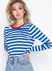 POLO Ralph Lauren Blue White Striped Long Sleeve Top Red Logo, Size Small