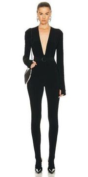 NORMA KAMALI Long Sleeve Deep V Neck Catsuit in Black Small New Womens Jumpsuit