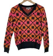 Crazy Train Colorful Neon Aztec Tribal V Neck Sweater Small