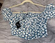 Zaful blue shirt sleeve top with white flowers