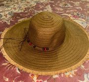 Brown Floppy Straw Fringe Hat with Beads