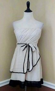 NEW Ya Los Angeles ModCloth Beige Black Ruffle Trim Strapless Silk Party Dress M