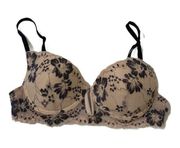 Women's Just Be Floral Lace Tan and Black Lightly-Lined Underwire Bra Size 34B