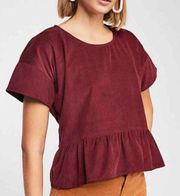 Free People CP Shades Burgundy Lightweight Corduroy Peplum Top, Size XS