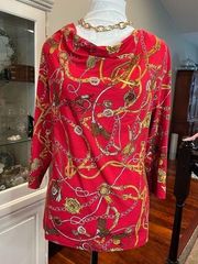 Talbots red chain cowlneck 3/4 sleeve Size M rayon spandex blouse GORGEOUS!