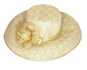 Lord and Taylor beige straw and lace overlay floral appliqué wide brim hat