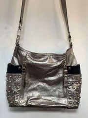 B Makowsky Silver Metallic Black Suede Shoulder Purse 11x14"