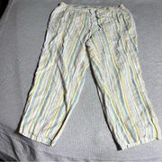 Coldwater Creek Yellow Cream Blue Vertical Stripe 100% Linen Pull On Summer Pant