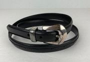 Fossil Womens Belt L Large Black Leather Braided Stitch Detail Silver Buckle