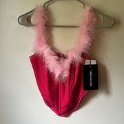 PrettyLittleThing Pink Feather Trim Velvet Corset Top