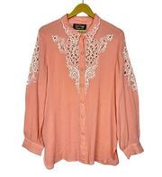 Wearable Art 100% Silk Embroidered Gauze Button Down Tunic XL Pink