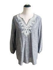 Susan Graver Pure Tunic Embroidered Linen Blend Size Petite Large Black Grey