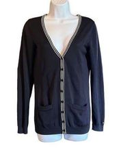 Navy Silk Blend Rib Knit Button-Up Cardigan Sweater Size M