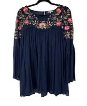 Jodifl Navy Blue Floral Embroidered Rayon Top