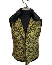 Vtg BOB MACKIE STUDIO green/yellow & Black Tapestry Vest Removable Faux Fur Coll