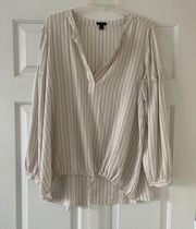 L Ann Taylor Cream and Black Stripe V-Neck Blouse with Cinched Hem