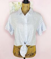 Cupcakes & Cashmere Sunnie Gingham Check Ruffle Sleeve Top Blue White Small