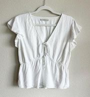 Linen Blend Top Size Medium Ruffle Sleeve White Size Medium