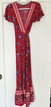 SheIn Red Blue Flutter Sleeve Ditsy Floral Print Belted Surplice Maxi Dress XS