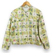 Vintage Floral Jacket Bright‎ Plaid Green White Spring Shell Buttons Leaf