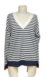 Chinti & Parker Navy Blue Cream Stripe V-Neck Wool Cashmere Sweater Size Medium