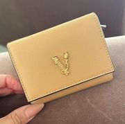 Versace Leather Vitello Virtus V Tri- Fold Wallet in Caramel
