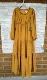 Rachel Parcell Mustard Yellow Ruffled Tiered Long Sleeve Maxi Dress Textured
