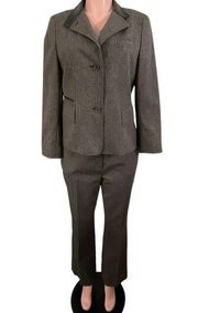 Akris Punto Wool Suit with Leather Trim Herringbone Size 10 Blazer Pants