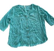 NY Collection Shirt Womens Large Blue Button Up Lace Pocket Detail Flowy Rayon