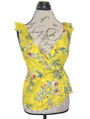 MNG Womens Sz XS Blouse Top Floral Ruffle Wrap Tie Belt Yellow Sleeveless