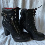 GUESS women’s Black Quilted Block Heel Combat Mid Boots Red lining size 6.5