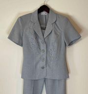 Scarlett 2 pc Vintage Suit. Woman’s Size 5/6 Light Gray. Embroidery on Jacket